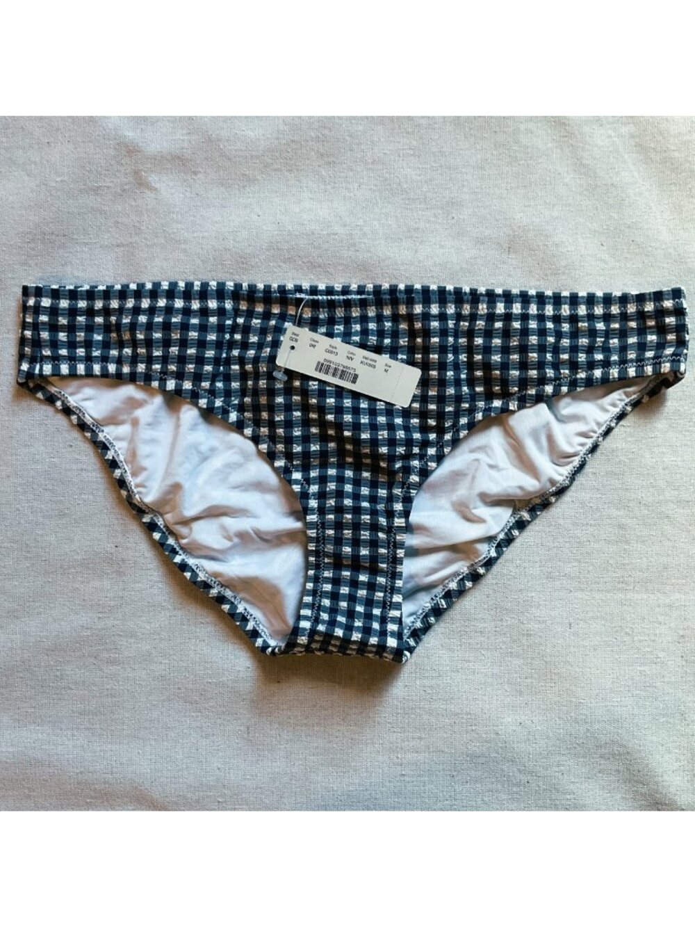 NWT J Crew Women’s Gingham Seersucker Bikini Bottom, Navy/White, Sz M